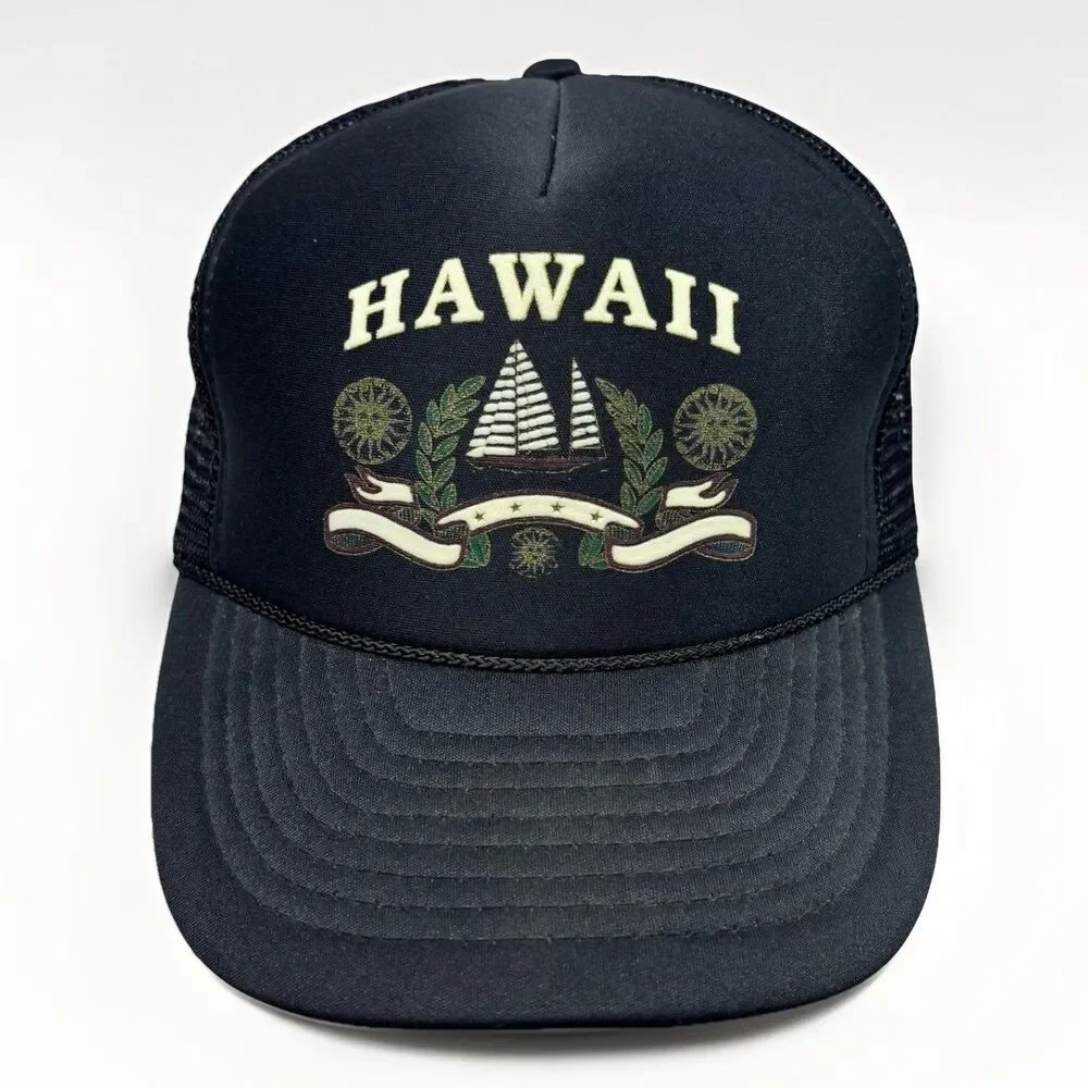 VTG 90s Hawaii Foam Rope Golf Trucker Hat Snapback Mesh Cap Nissin Black